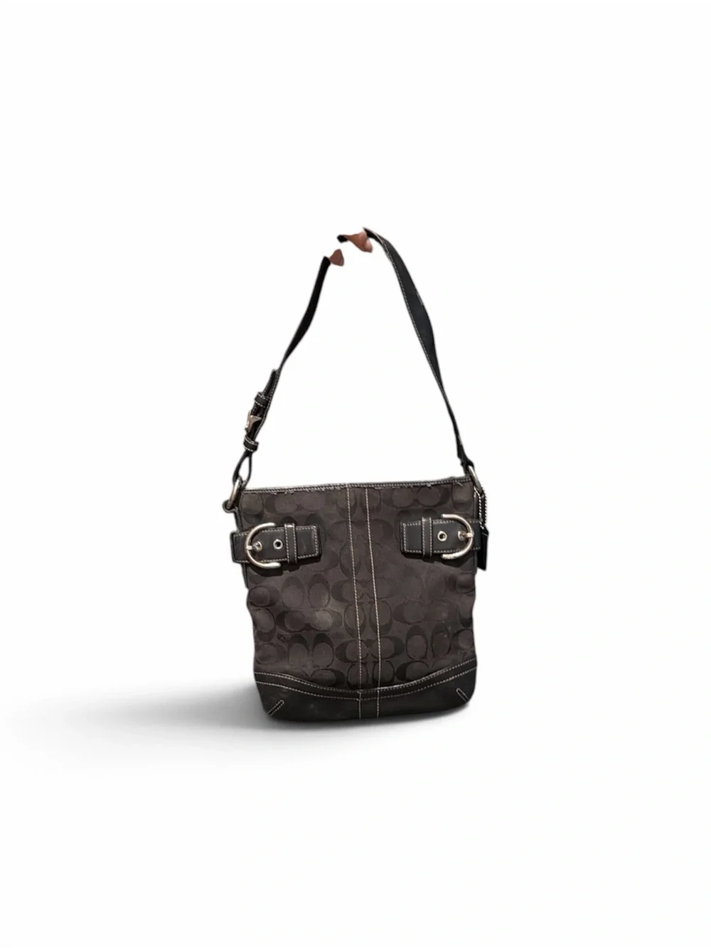 Coach Dark Brown Signature Canvas Shoulder Bag with Buckle Accents